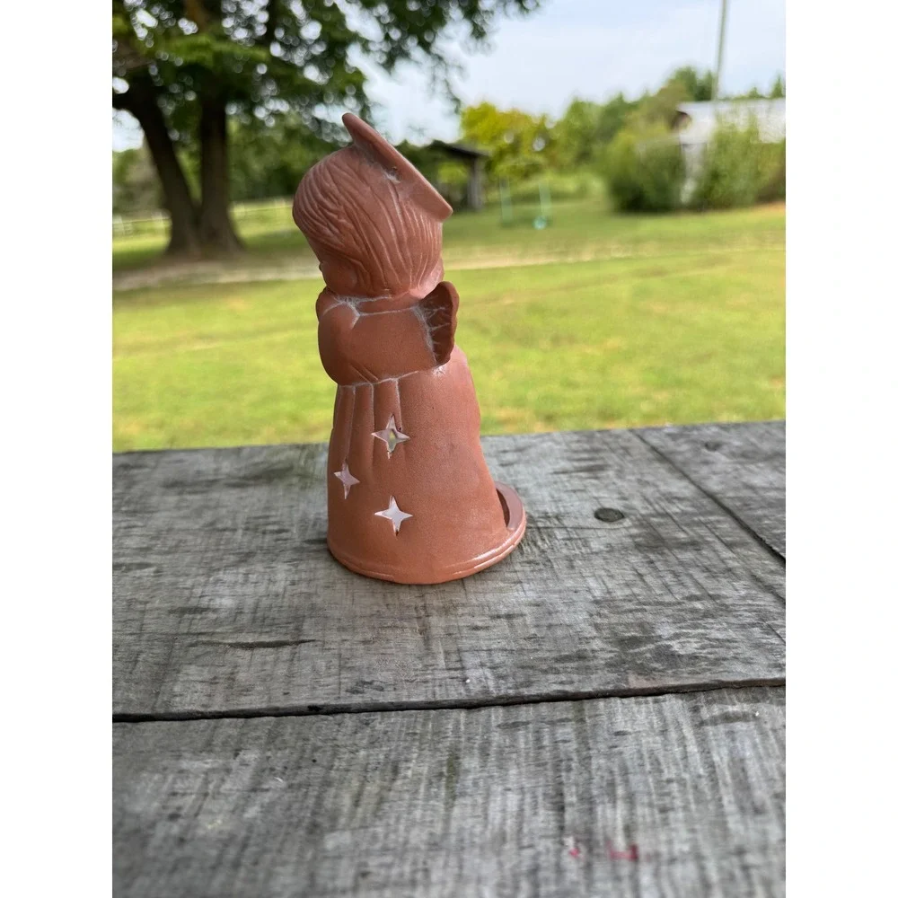 Terracotta Angel Candle Holder Tea Light Votive Star Cutouts Rustic Clay Decor